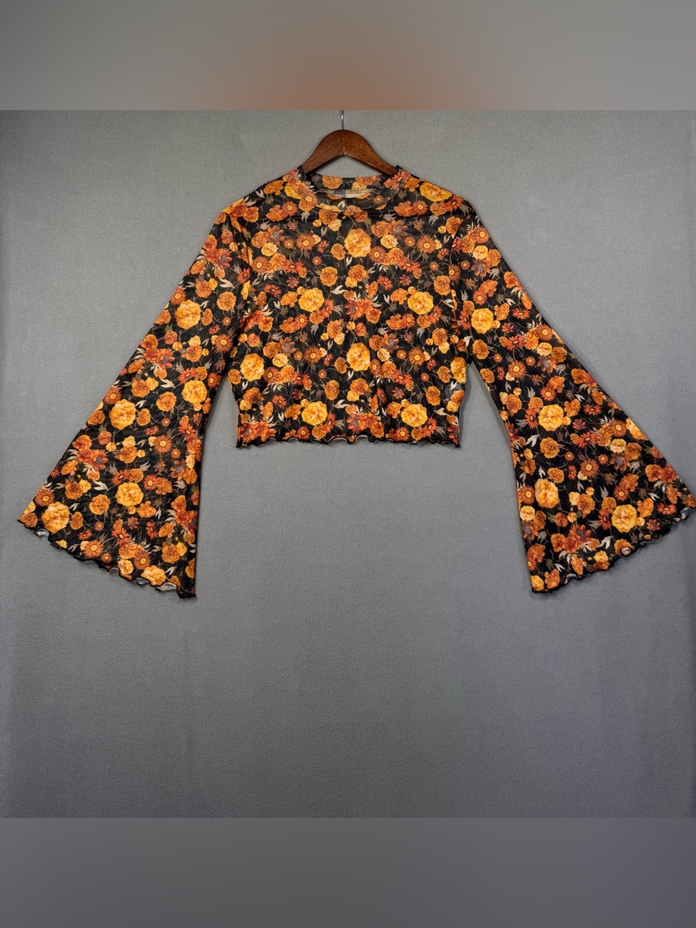 Boho Sheer Floral SheerLong Sleeve Crop Top Black with Orange Yellow Flowers, XL - Picture 13 of 14